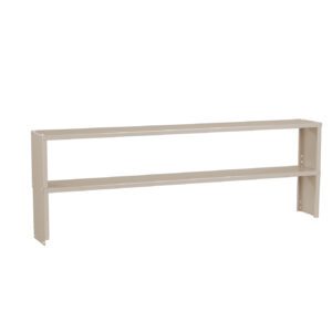 A beige metal shelf with two horizontal shelves and vertical supports on each side, designed for wall mounting. The simple and minimalistic structure is positioned on a plain white background.