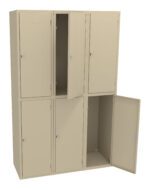 A set of beige metal storage lockers with six compartments arranged in two rows of three. Two doors are open, revealing empty spaces inside while the rest are closed. The lockers have simple handles and locks.