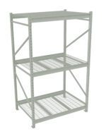 A three-tiered, metal storage shelf with a grid pattern on each level. It has a light gray finish and sturdy, angled supports on the sides, ideal for holding various items in a garage or warehouse setting.