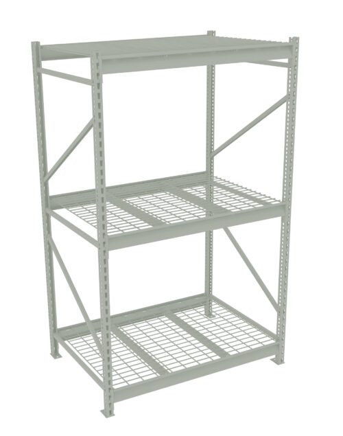 A three-tiered, metal storage shelf with a grid pattern on each level. It has a light gray finish and sturdy, angled supports on the sides, ideal for holding various items in a garage or warehouse setting.