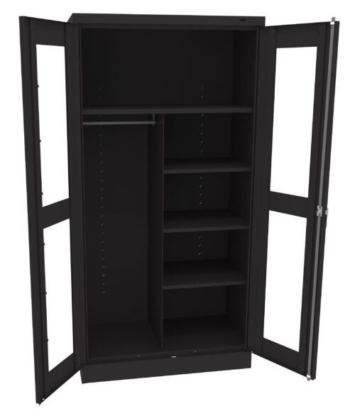ywnhg0xd9vjrsolbwhqy.jpg A black, open metal storage cabinet with two tall doors. The cabinet features a hanging rod in the left compartment and four adjustable shelves on the right, offering a combination of hanging and shelf storage space.