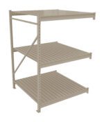 A beige metal shelving unit with three slatted shelves, supported by vertical metal frames with rectangular holes. The structure has a triangular support bracket on the back.