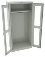 Open gray metal cabinet with two doors wide open. The interior is empty, featuring a single horizontal bar for hanging items, and side panels with adjustable holes for shelf placement.