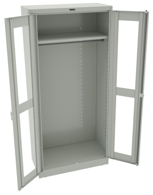 Open gray metal cabinet with two doors wide open. The interior is empty, featuring a single horizontal bar for hanging items, and side panels with adjustable holes for shelf placement.