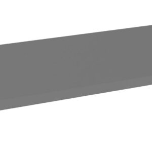 A long, flat, rectangular gray shelf with a smooth surface, viewed from a low angle against a plain white background.