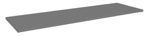 A long, flat, rectangular gray shelf with a smooth surface, viewed from a low angle against a plain white background.