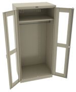 Open metal storage cabinet with two doors, each featuring elongated rectangular windows. Inside, there is one shelf at the top and a hanging rod below it. The cabinet is a neutral beige color.