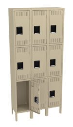 A metal locker unit with nine compartments arranged in a 3x3 grid. The lockers are beige with black rectangular handles. One locker door in the bottom row is open, revealing an empty interior.