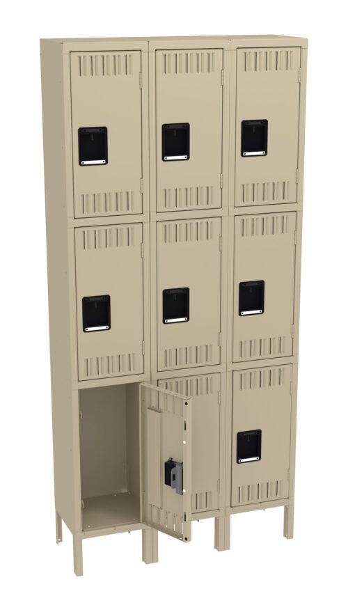 yxco3nbopxou2g1m1cdz.jpg A metal locker unit with nine compartments arranged in a 3x3 grid. The lockers are beige with black rectangular handles. One locker door in the bottom row is open, revealing an empty interior.