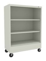 A light gray metal rolling cabinet with three shelves and four black caster wheels. The cabinet is empty and stands alone against a plain background.