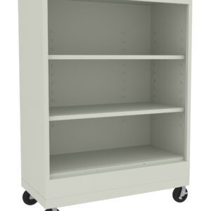 A light gray metal rolling cabinet with three shelves and four black caster wheels. The cabinet is empty and stands alone against a plain background.