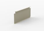 A beige, rectangular metal panel with two small holes on each side is standing upright against a plain white background. The panel has a notch on the top and bottom edges.