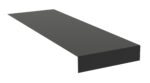 Black metal step flashing with a right-angle bend, forming an L shape. The longer side extends horizontally, while the shorter side drops vertically.