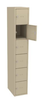 Tall beige locker with six compartments. The second compartment from the top is open, revealing an empty interior. The locker doors have small locks and handles. The overall design is sleek and practical.