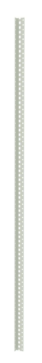 Tall, narrow, gray metal channel with evenly spaced square holes along its length. Likely a piece of construction or engineering hardware. White background.