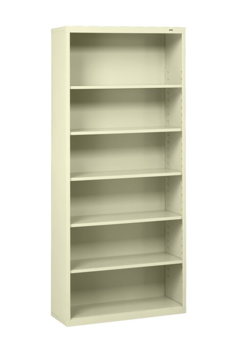 yxndsqtnzeijlvzact5j.jpg A tall, beige, six-shelf metal bookcase with an open front. The shelves are evenly spaced and adjustable, suitable for storing books or office supplies. The bookcase stands on a flat surface against a plain background.