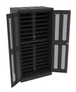 A black, metal storage cabinet with open mesh doors, revealing multiple horizontal shelves inside. The cabinet has a vented design and a lock on the right door, suitable for organizing or charging electronic devices.
