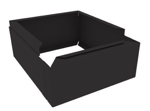 yxtnadpod8u7htkrkmwt.jpg A black, open-top rectangular cardboard box is shown. The box is unfolded and laid flat with the flaps visible on the sides, suggesting it is ready for assembly or use. The background is plain white.