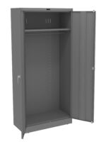 A gray metal storage cabinet with one door open, revealing an empty interior. Inside, there is a shelf at the top and a rail for hanging items. The cabinet has a simple, industrial design.