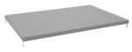 A flat, rectangular gray metal shelf with mounting brackets at each corner, designed for installation in a storage or display system. The surface appears smooth and unadorned, suitable for supporting various items.