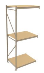 A beige metal shelving unit with three adjustable wooden shelves. The frame has numerous perforations for height customization, and cross braces at the back provide stability. The unit is empty and positioned against a plain white background.