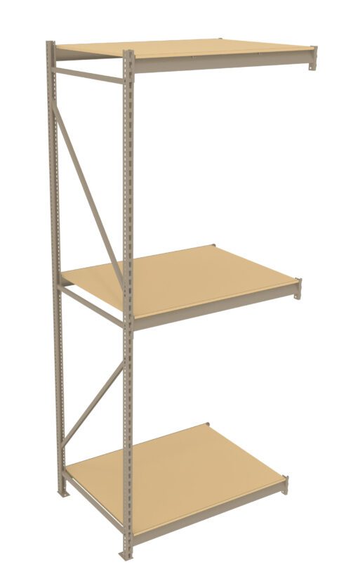 A beige metal shelving unit with three adjustable wooden shelves. The frame has numerous perforations for height customization, and cross braces at the back provide stability. The unit is empty and positioned against a plain white background.