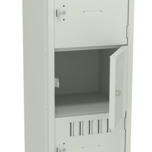 A tall, beige metal locker with four compartments, three with closed doors and one open showing the empty interior. Each compartment has a small vent and a keyhole.