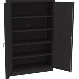 A black metal storage cabinet is shown with its doors open, revealing five adjustable shelves inside. The cabinet has a sleek and simple design, suitable for organizing various items.