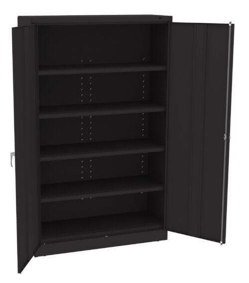yypswghdaqenun0wp0fa.jpg A black metal storage cabinet is shown with its doors open, revealing five adjustable shelves inside. The cabinet has a sleek and simple design, suitable for organizing various items.