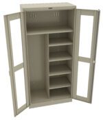 A beige metal storage cabinet with open double doors. The left side features several vertical shelves, while the right side has an open space for hanging or larger items. The design is simple and functional.