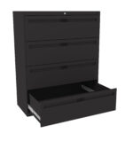 A black filing cabinet with four drawers is shown. The bottom drawer is pulled open, while the top three drawers are closed. The cabinet has a sleek, modern design.