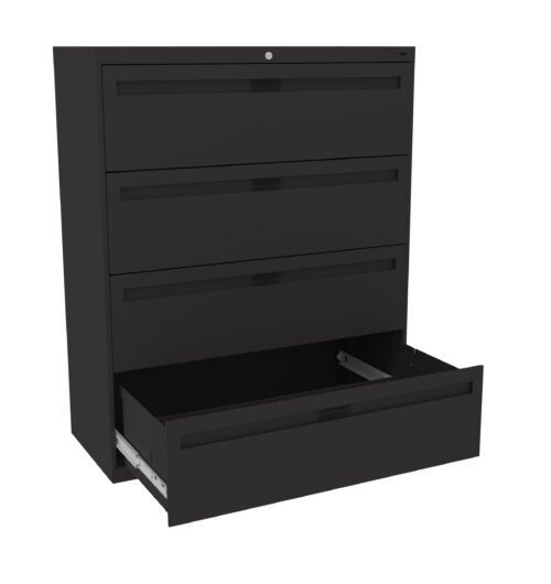 A black filing cabinet with four drawers is shown. The bottom drawer is pulled open, while the top three drawers are closed. The cabinet has a sleek, modern design.