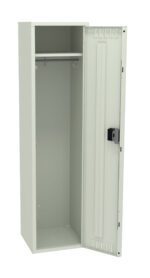 An open, light green metal locker with one door ajar. Inside, there is a clothing rod near the top and a secure lock on the door. The locker stands alone against a plain background.