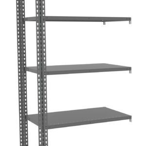 A tall metal shelving unit with five adjustable shelves. The unit is gray in color and features a perforated frame for easy shelf height customization. The shelves are evenly spaced, displaying a minimalist and industrial design.
