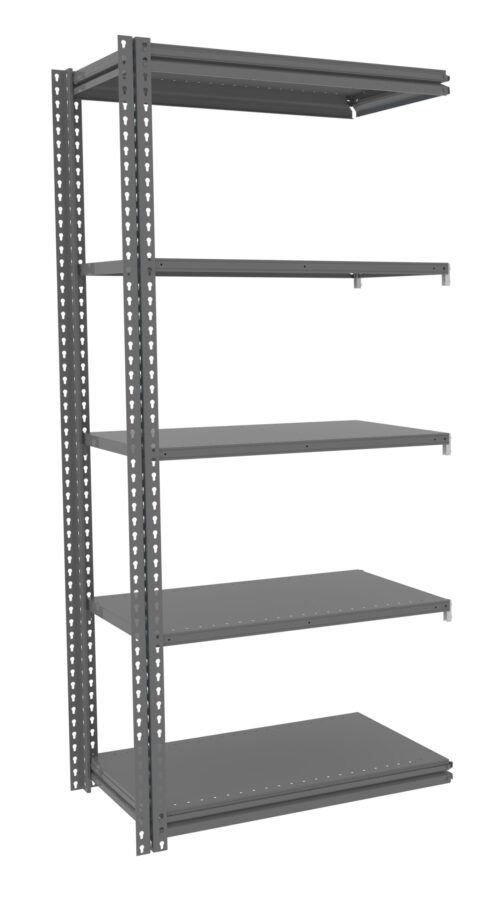 A tall metal shelving unit with five adjustable shelves. The unit is gray in color and features a perforated frame for easy shelf height customization. The shelves are evenly spaced, displaying a minimalist and industrial design.
