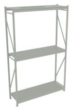 Metal shelving unit with three slatted shelves and a light gray finish. The shelves are supported by vertical beams with diagonal braces for stability. Suitable for storage in garages, warehouses, or utility rooms.