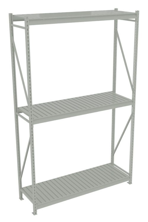 Metal shelving unit with three slatted shelves and a light gray finish. The shelves are supported by vertical beams with diagonal braces for stability. Suitable for storage in garages, warehouses, or utility rooms.