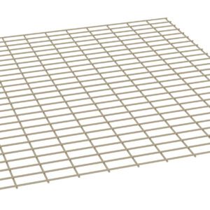 A beige, grid-like rack is seen at an angle. It consists of evenly spaced square openings and appears to be made of metal or plastic. The rack is on a plain white background, allowing its structure to be clearly visible.