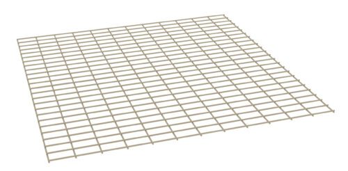 A beige, grid-like rack is seen at an angle. It consists of evenly spaced square openings and appears to be made of metal or plastic. The rack is on a plain white background, allowing its structure to be clearly visible.