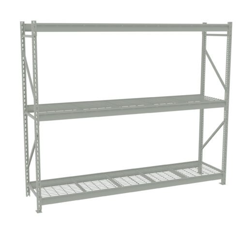 A metal shelving unit with two shelves is shown. The shelves are made of a grid pattern, and the structure is open with support beams on the sides. The finish is a light grey color.