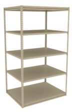 A beige metal shelving unit with five adjustable shelves. The design is open on all sides, showing the sturdy frame with perforated supports for shelf adjustment. The shelving is empty, ideal for storage or organizational use.