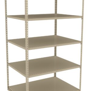 A beige metal shelving unit with five adjustable shelves. The design is open on all sides, showing the sturdy frame with perforated supports for shelf adjustment. The shelving is empty, ideal for storage or organizational use.