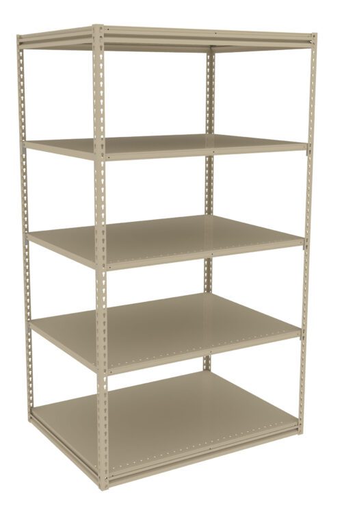 A beige metal shelving unit with five adjustable shelves. The design is open on all sides, showing the sturdy frame with perforated supports for shelf adjustment. The shelving is empty, ideal for storage or organizational use.