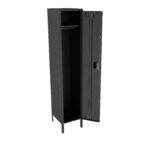 A black metal locker with one door slightly open. The locker is tall and narrow, featuring a single shelf at the top and a hanging rail inside. The door has a lock mechanism. The locker has a plain design and is standing on four legs.