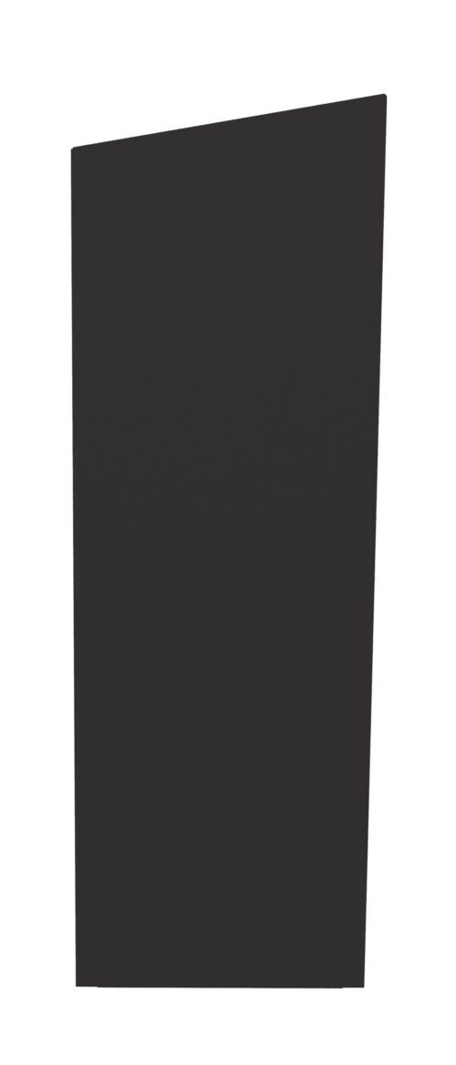 A tall, upright, black rectangular monolith with a subtly slanted top stands against a white background. The surface appears smooth and matte.
