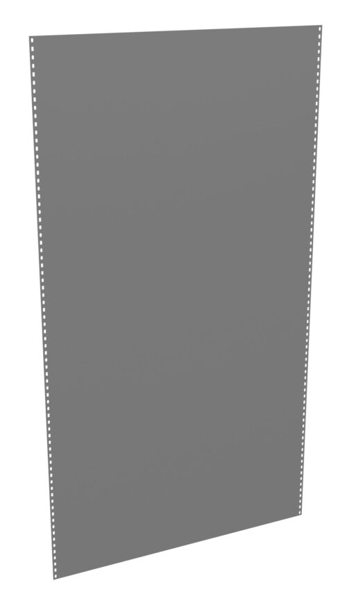 A large, vertically oriented sheet of gray perforated paper with a grid of small holes running along the left and right edges. The background is plain white.