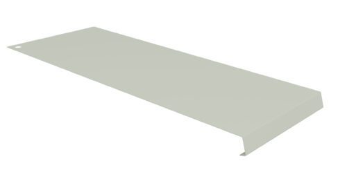 A flat, elongated, light gray metal piece with a right-angled bend along one edge. It has a small hole at one end, positioned against a plain white background.