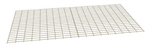 A light beige, rectangular wire grid panel with evenly spaced square openings, positioned diagonally against a plain white background.