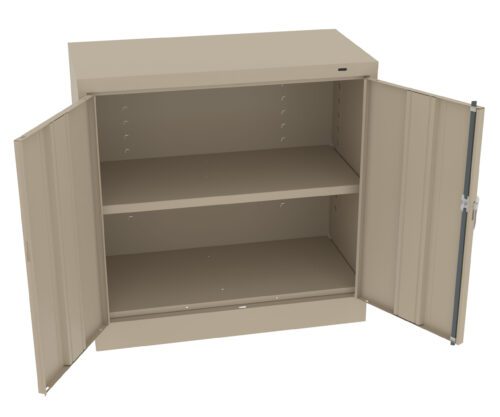 z2fecwghjczngvk18mxy.jpg A beige metal cabinet with two open doors, revealing a single adjustable shelf inside. The cabinet is rectangular and has a smooth finish, suitable for storage in an office or industrial setting.