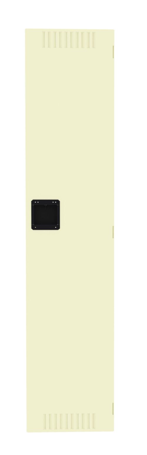 Tall beige locker door with vertical slits on the top and bottom, featuring a black rectangular handle in the center. The door is isolated on a white background.